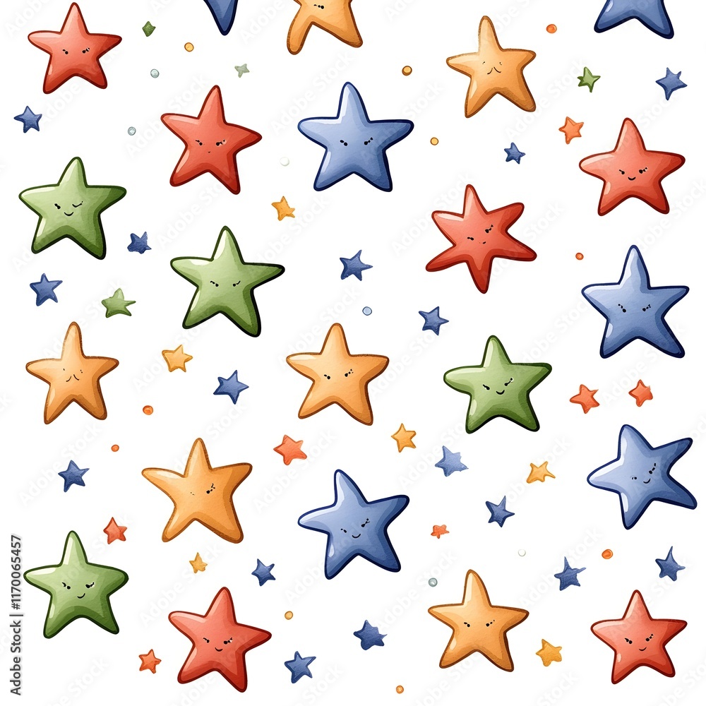 Obraz premium A cheerful and colorful seamless pattern featuring cartoon stars in various shades of red, orange, yellow, green, and blue.