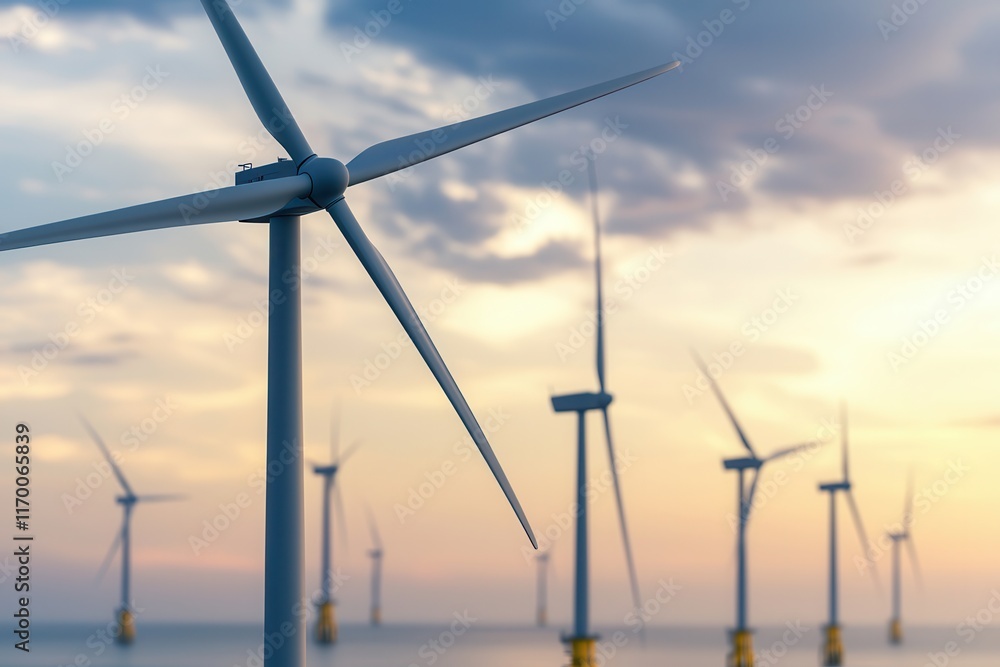 Fototapeta premium Renewable energy impacts oil prices. Wind turbines against a sunset sky over the ocean.