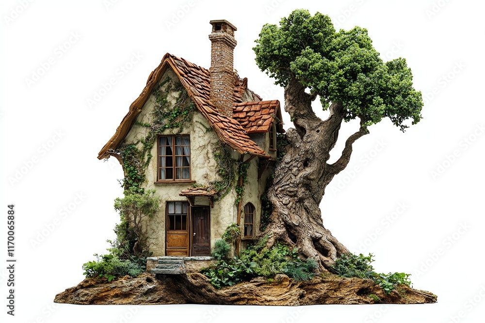 Fototapeta premium A whimsical house entwined with greenery, featuring a large, sturdy tree, showcasing nature's harmony with architecture.