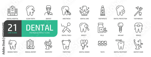 Set Of Dental Medicine Line Icons. Contains such icons as Teeth, Dentist, Toothpaste, Toothbrush, Dental Tools, Braces, Dentist Chair, Dental Treatment.