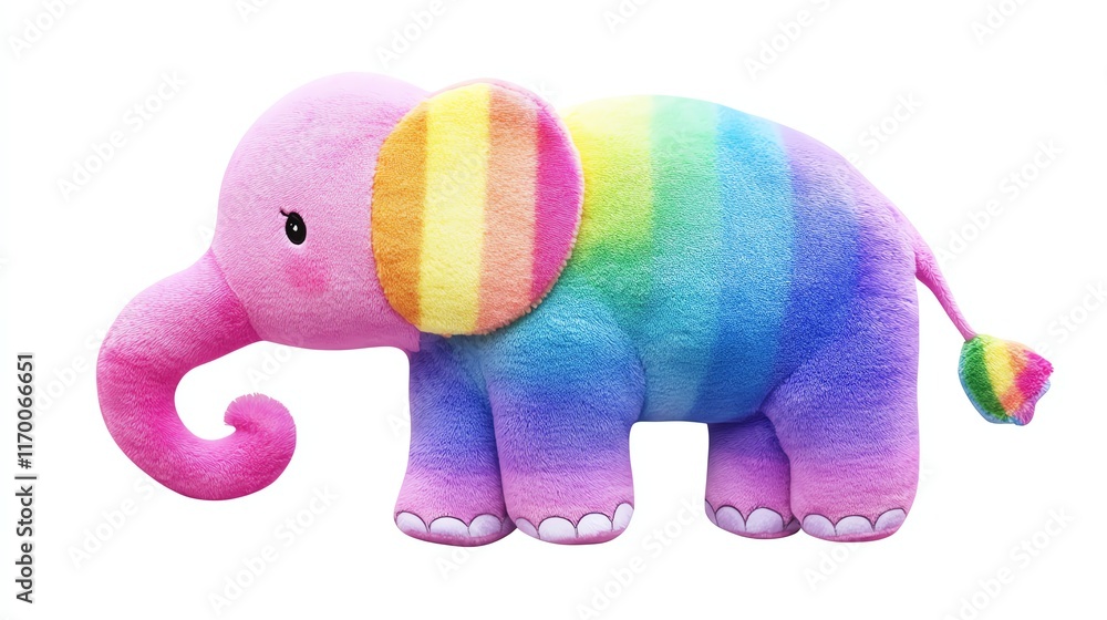 A vibrant plush elephant toy featuring rainbow colors, perfect for children and as a decorative piece.