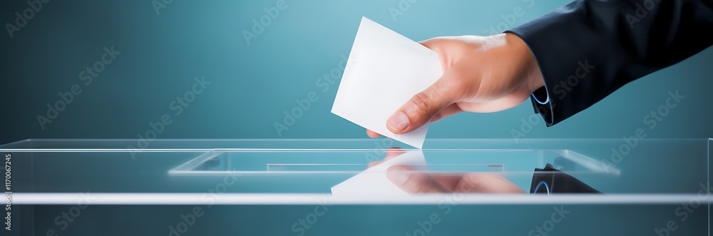 A hand placing a ballot into a transparent voting box. A hand placing a ballot into a transparent voting box.