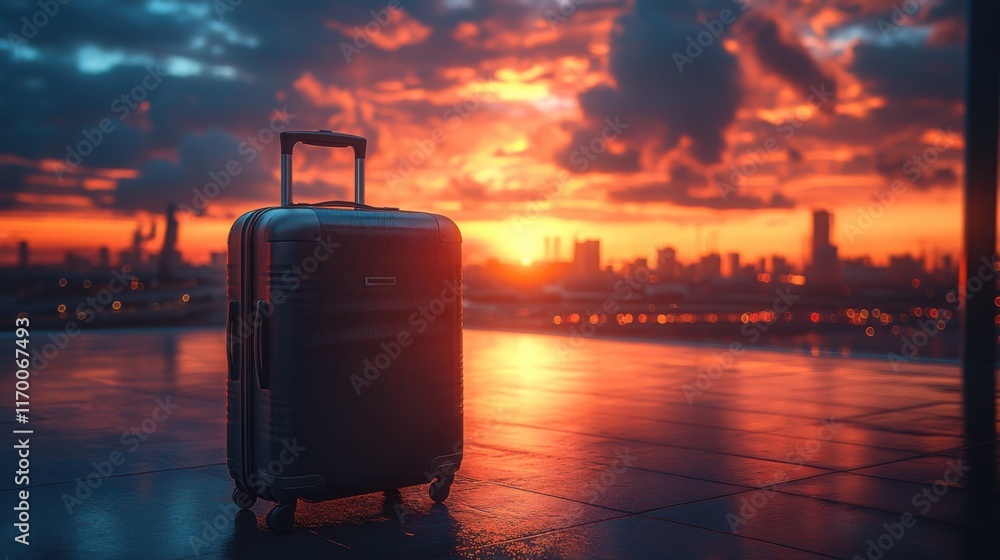 Suitcase at sunset city travel adventure awaits. Suitcase at sunset city travel adventure awaits.