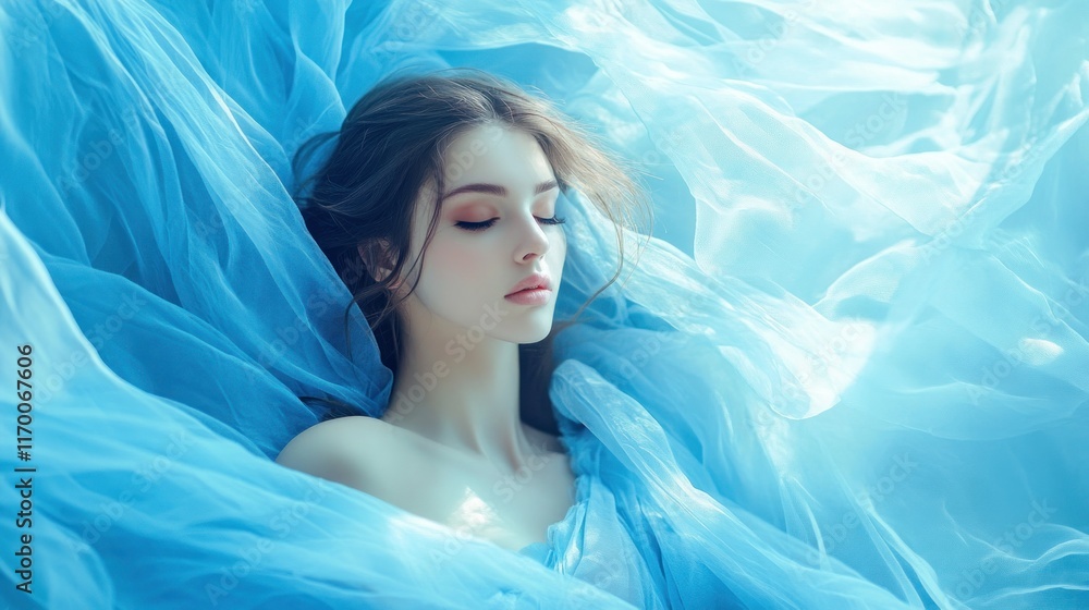 Serene woman surrounded by flowing blue fabric. Serene woman surrounded by flowing blue fabric.