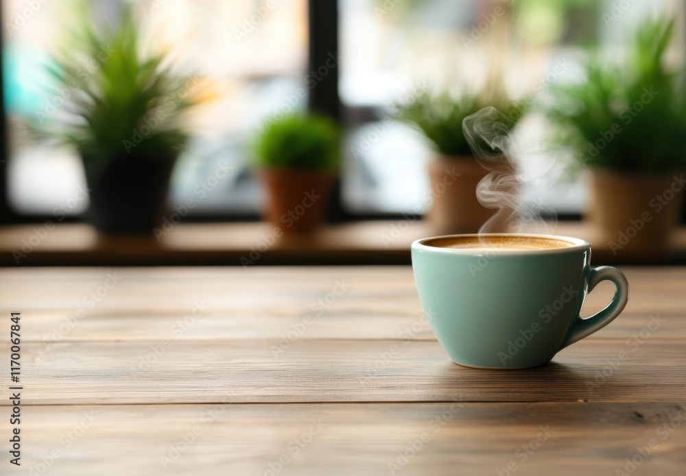 Cozy Coffee Cup with Steam Against a Window and Green Plants Cozy Coffee Cup with Steam Against a Window and Green Plants