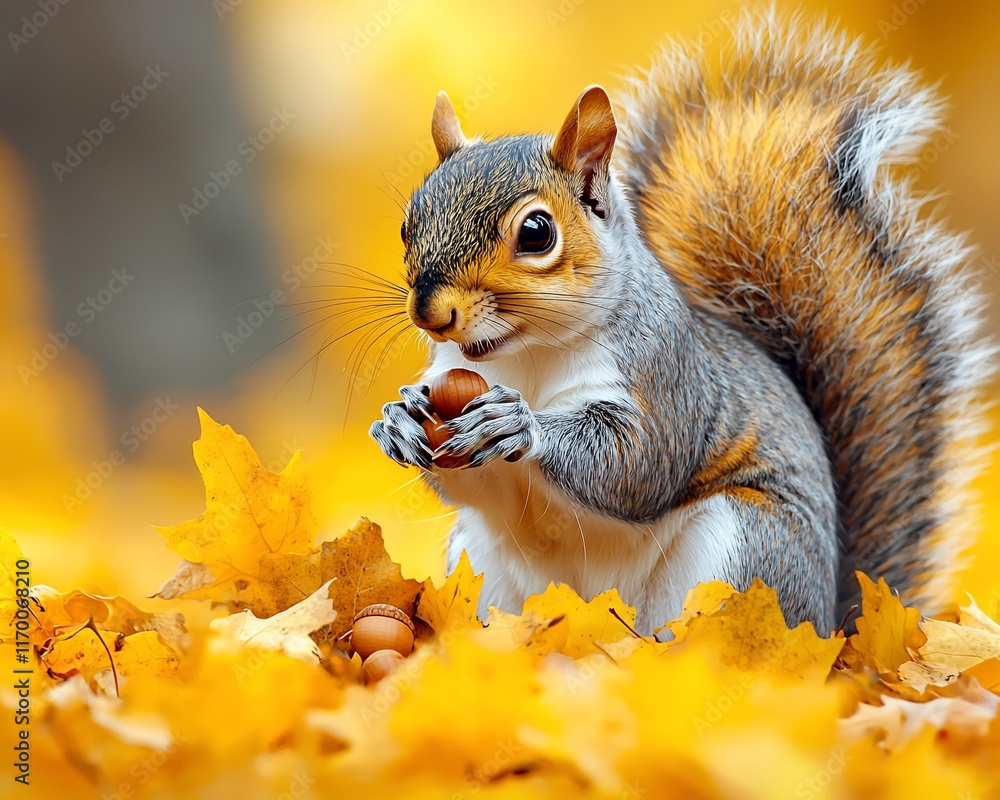 Cute squirrel eating acorn amidst autumn leaves. Cute squirrel eating acorn amidst autumn leaves.