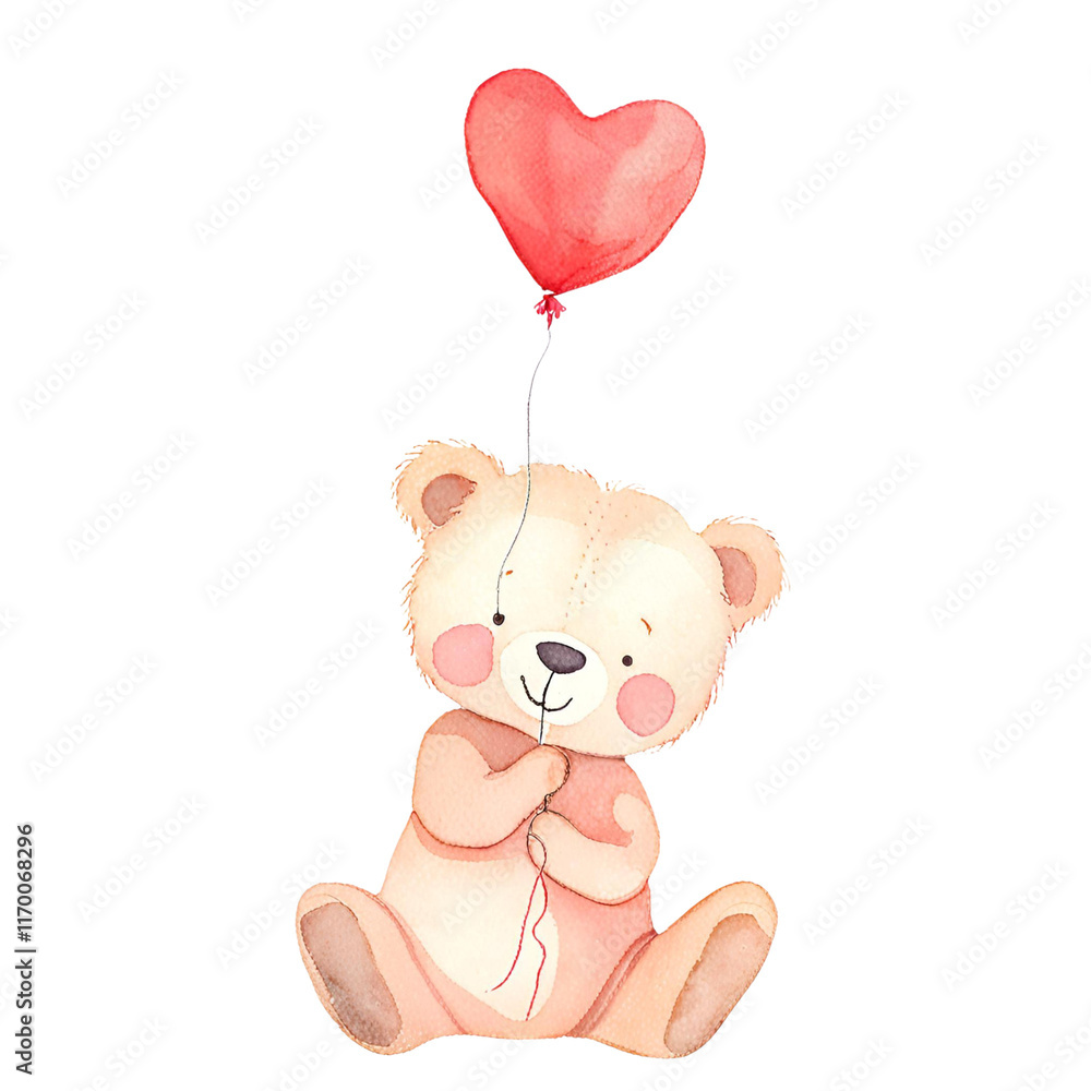Obraz premium Watercolor illustration of a cute teddy bear holding a heart balloon. floating in the air white background png