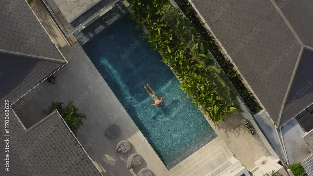 A Stunning Aerial View of a Beautiful Modern Pool Immersed in Lush, Vibrant Greenery A Stunning Aerial View of a Beautiful Modern Pool Immersed in Lush, Vibrant Greenery