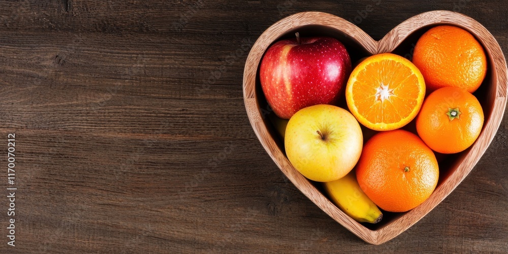 A heart-shaped bowl filled with colorful fruits, including apples, oranges, and bananas, resting on a wooden surface. A heart-shaped bowl filled with colorful fruits, including apples, oranges, and bananas, resting on a wooden surface.