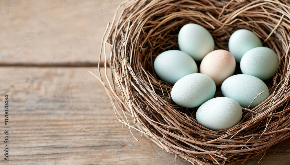 A cozy nest holds a collection of pastel-colored eggs, resting on a wooden surface, evoking a serene, natural atmosphere. A cozy nest holds a collection of pastel-colored eggs, resting on a wooden surface, evoking a serene, natural atmosphere.