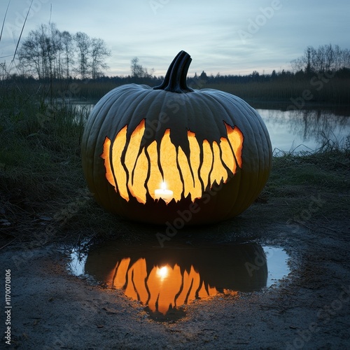 29. Pumpkin carving competition, spooky designs, glowing candlelight, 3D illustration photo