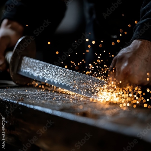 Master blacksmith sharpening a traditional samurai sword on a wet stone, sparks flying, intricate metal details, vintage Japanese workshop, warm lighting, hyper-realistic.