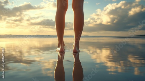 Person standing barefoot by the water at sunset.