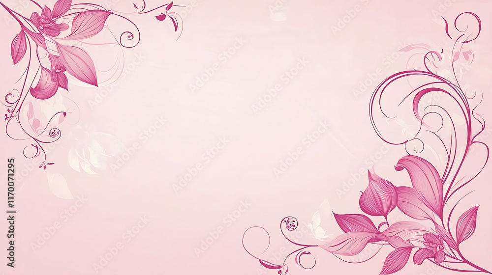 Pink Floral Design Background with Swirls and Leaves Pink Floral Design Background with Swirls and Leaves