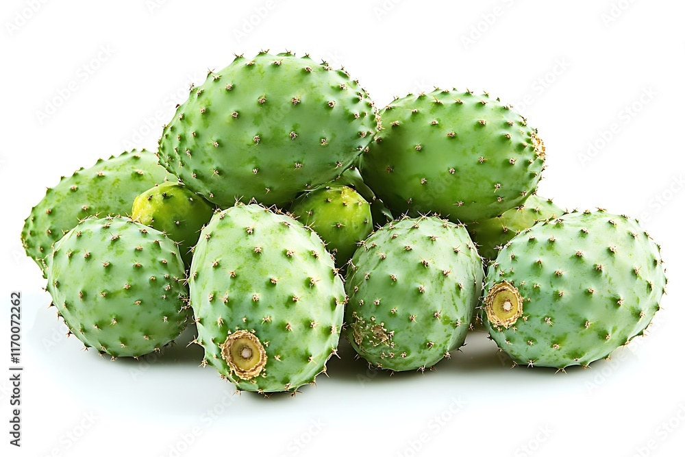 A pile of green, spiky cactus fruit, commonly known as prickly pears. A pile of green, spiky cactus fruit, commonly known as prickly pears.