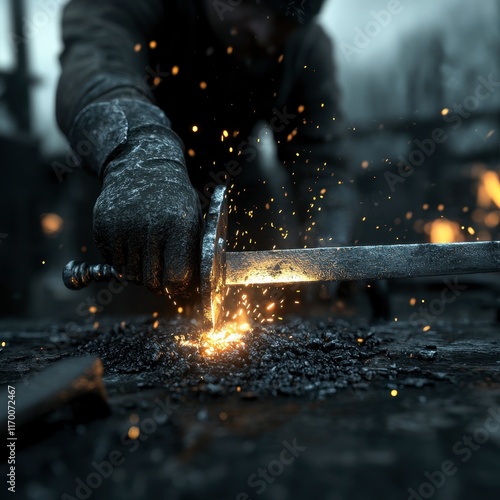 Medieval blacksmith hammering the glowing blade of a newly forged sword, surrounded by glowing embers and tools, moody lighting, realistic textures, 3D rendering. photo