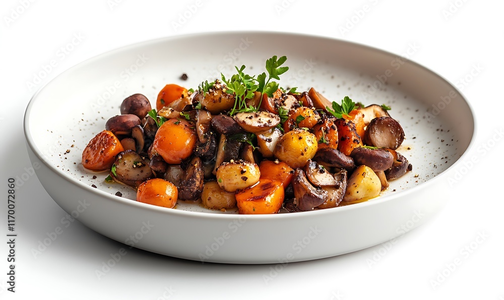 A plate of saut?ed vegetables featuring colorful carrots and mushrooms. A plate of saut?ed vegetables featuring colorful carrots and mushrooms.