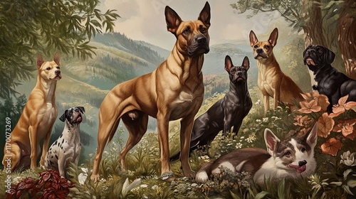 Group of Dogs in a Scenic Landscape Painting photo