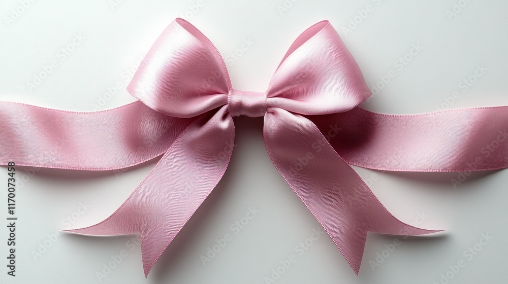 A pink satin bow with long tails on a white background. A pink satin bow with long tails on a white background.