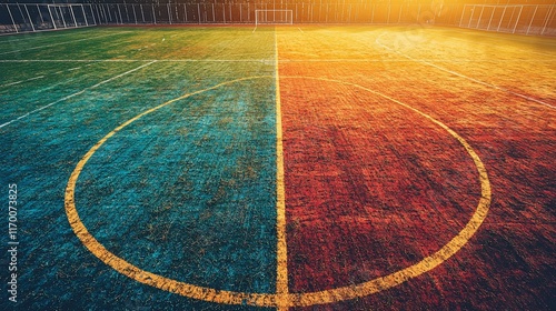 Worn futsal court, divided into two halves,  showing signs of wear and tear with faded lines. photo