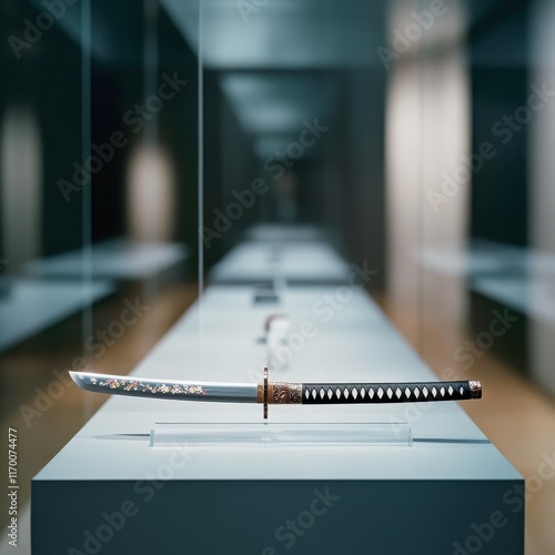 Samurai sword in a museum display, mounted with intricate designs on the hilt, glass casing reflecting soft light, traditional Japanese setting, hyper-realistic. photo