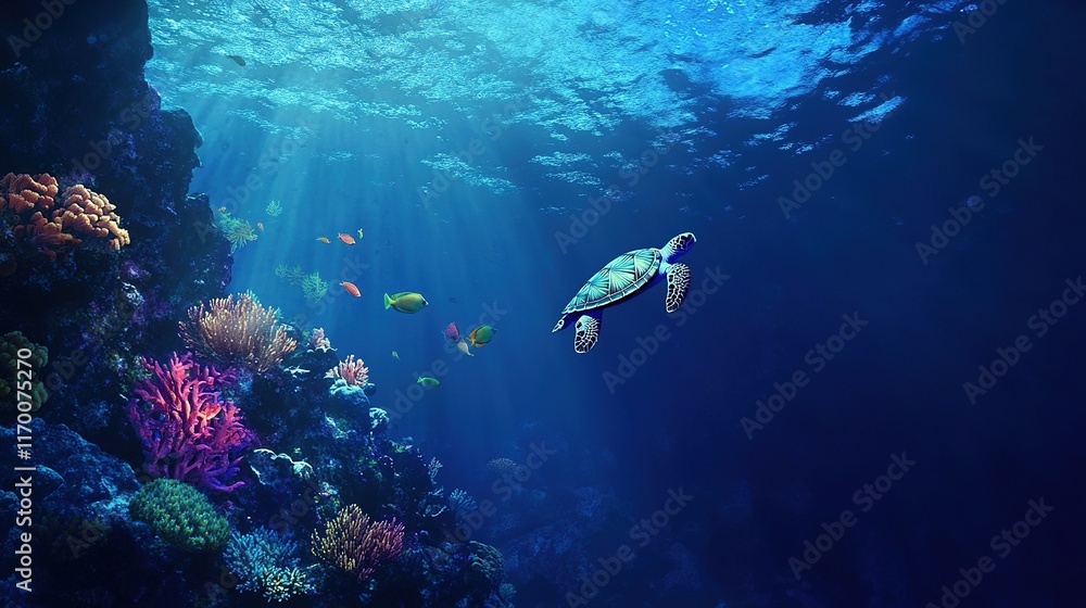 Fototapeta premium Underwater scene with sea turtle swimming near coral reef.