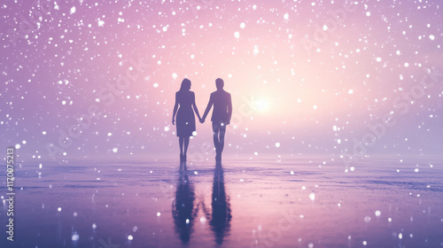 A romantic silhouette of a couple holding hands, set against a glowing lavender sky with soft snowflakes falling gently. The background features a serene, frozen lake reflecting the pastel hues of twi photo