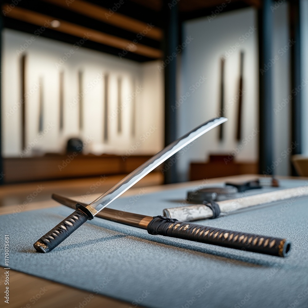 Naklejka premium Samurai sword collection displayed in a traditional Japanese museum, surrounded by armor and historical artifacts, soft lighting, high-detail photography.