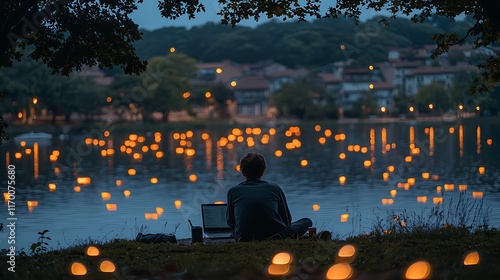 Person Working Laptop Lakeside Floating Lights photo