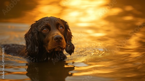 A Boykin Spaniel glides through calm water with effortless precision, its eyes fixed on a distant target. The gentle ripples and soft light add to the serene and focused mood.  photo