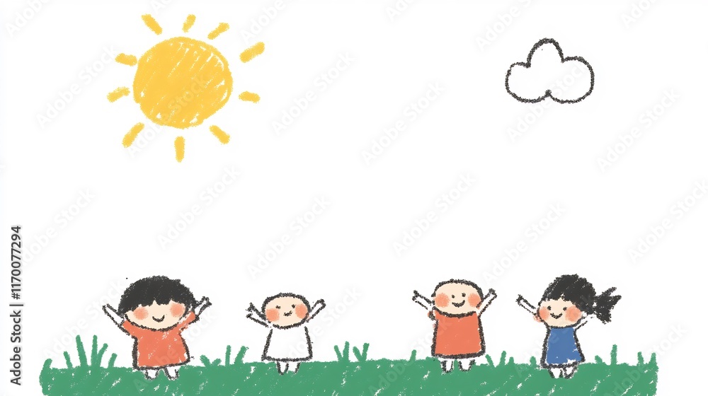 Fototapeta premium Joyful Kids Playfully Celebrating Sunny Day Hand-Drawn Illustration. AI Generated