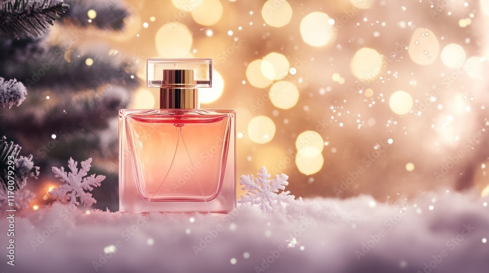 Pink perfume bottle in snowy winter scene with bokeh lights. Pink perfume bottle in snowy winter scene with bokeh lights.