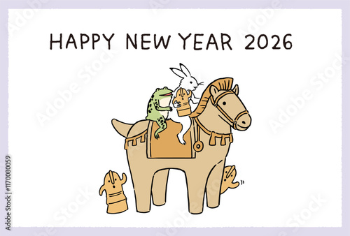 2026年　年賀状　鳥獣戯画　うさぎとカエルが馬形埴輪に乗って遊ぶイラストレーション
