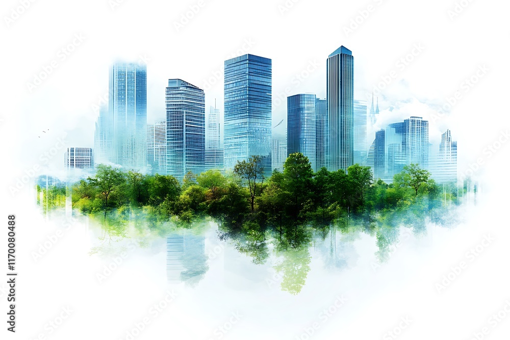 A serene cityscape blending urban buildings with lush greenery and reflections. A serene cityscape blending urban buildings with lush greenery and reflections.
