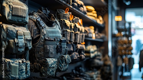 Tactical vests and pouches displayed on shelves in a store.