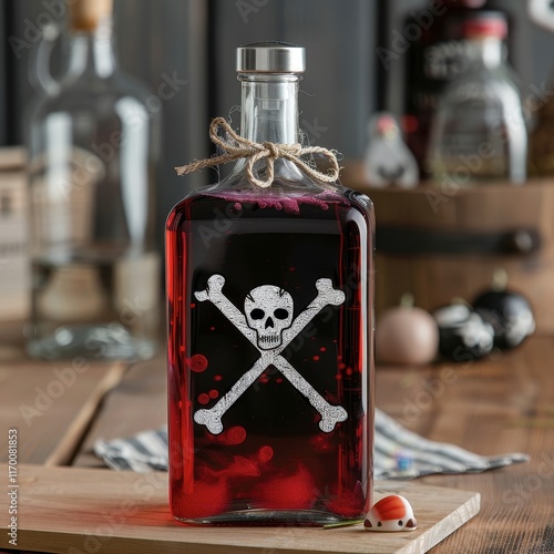 Beautiful Halloween bottle with a skull and crossbones design, filled with red mist, unique and perfect for display photo