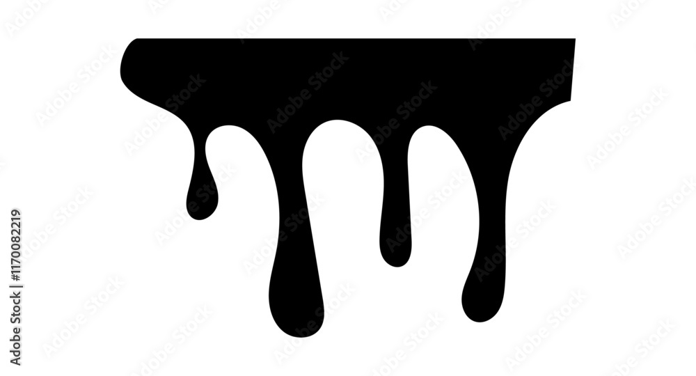 Drip paint 3D Ink stain. Drop melt liquid isolated on transparent background. Splash of chocolate, oil, blood. Black graffiti. Splatter syrup, candy sauce, caramel. Vector illustration