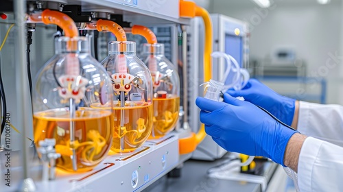 Close-up of advanced laboratory equipment, likely bioreactors, filled with amber-colored liquid.