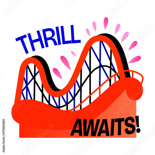 A flat style sticker of roller coaster with thrill awaits typography 

