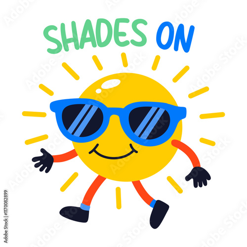 A flat sticker of sun wearing sunglasses with shades on typography
