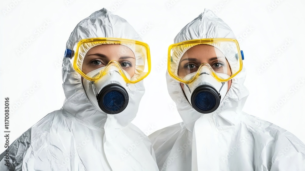 Two individuals wearing protective suits and masks against white background. Two individuals wearing protective suits and masks against white background.
