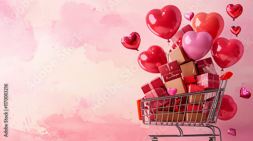 
a minimalistic shopping cart filled with small gift boxes and tied with a red bow, attached to heart-shaped balloons in shades of red, pink, and white, floating against a soft watercolor pink backgro