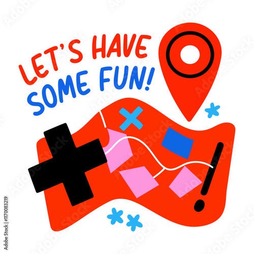 Flat sticker of an adventure map with location pin and text "let's have some fun"

