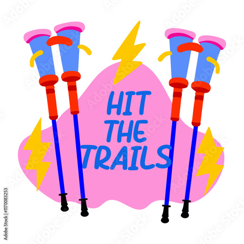 Flat sticker of hiking poles with the text "hit the trails"
