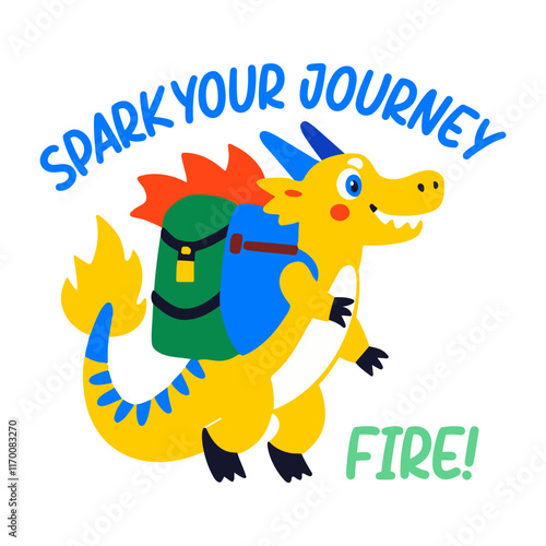Flat sticker of a happy dragon character wearing a backpack with text "spark your journey fire"

