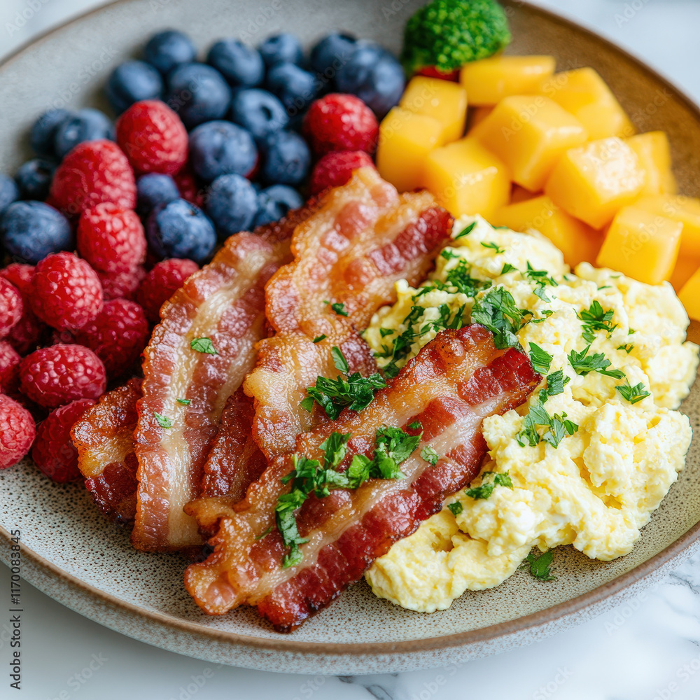 Artistic Flat Lay of a Gourmet Brunch Plate Featuring Fresh Berries, Bacon, Scrambled Eggs, and Broccoli in a Stylish Arrangement Artistic Flat Lay of a Gourmet Brunch Plate Featuring Fresh Berries, Bacon, Scrambled Eggs, and Broccoli in a Stylish Arrangement