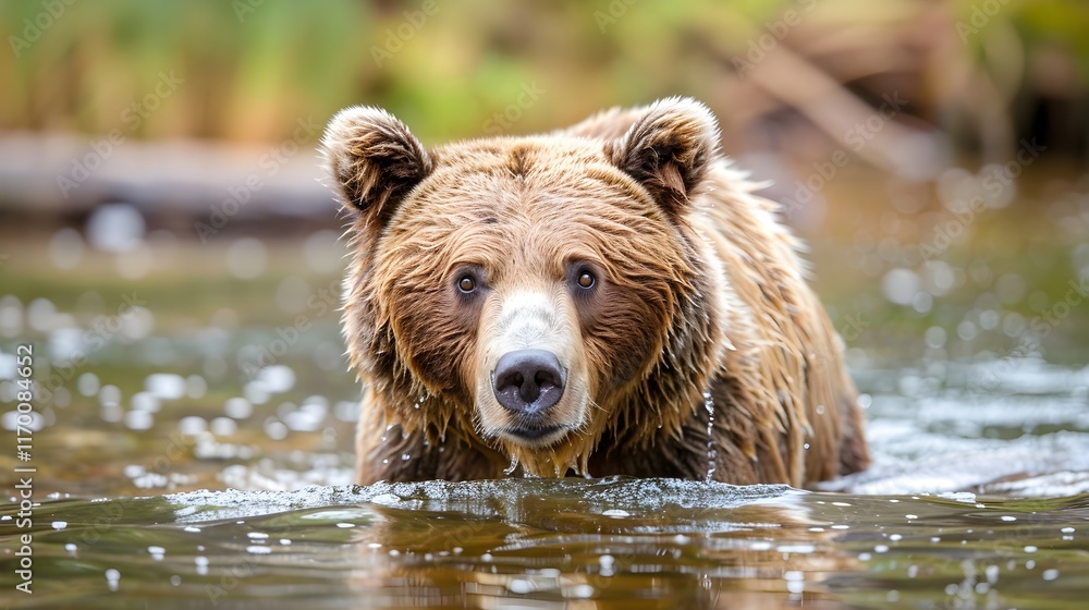 A close-up of a brown bear's head and shoulders as it swims in a tranquil, clear blue lake. A close-up of a brown bear's head and shoulders as it swims in a tranquil, clear blue lake.