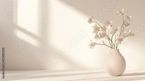 Elegant Vase with Delicate White Flowers in Soft Natural Light on Minimalist Background photo