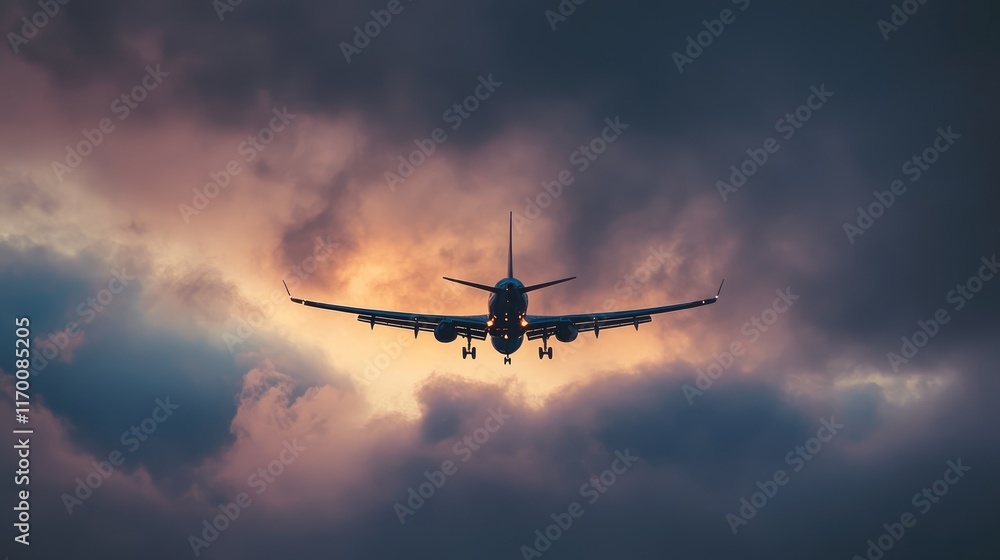 Dramatic Sky with Airplane Approaching for Landing Under Dark Cloudy Atmosphere Dramatic Sky with Airplane Approaching for Landing Under Dark Cloudy Atmosphere