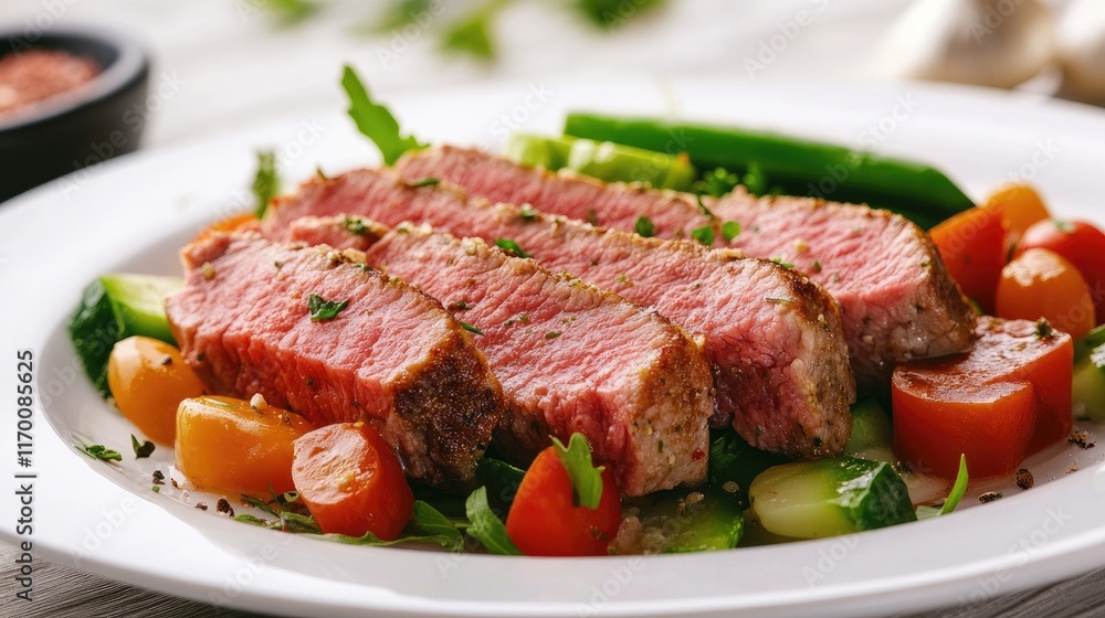 Sliced steak salad with fresh vegetables and cherry tomatoes on a white plate garnished with herbs. Sliced steak salad with fresh vegetables and cherry tomatoes on a white plate garnished with herbs.